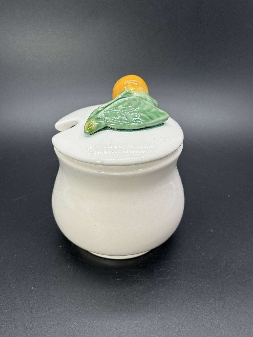Vintage White Bordallo Pinheiro With Lemon Jam Jar 4" high